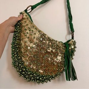 Green and Gold slouchy bag- sequins and beaded